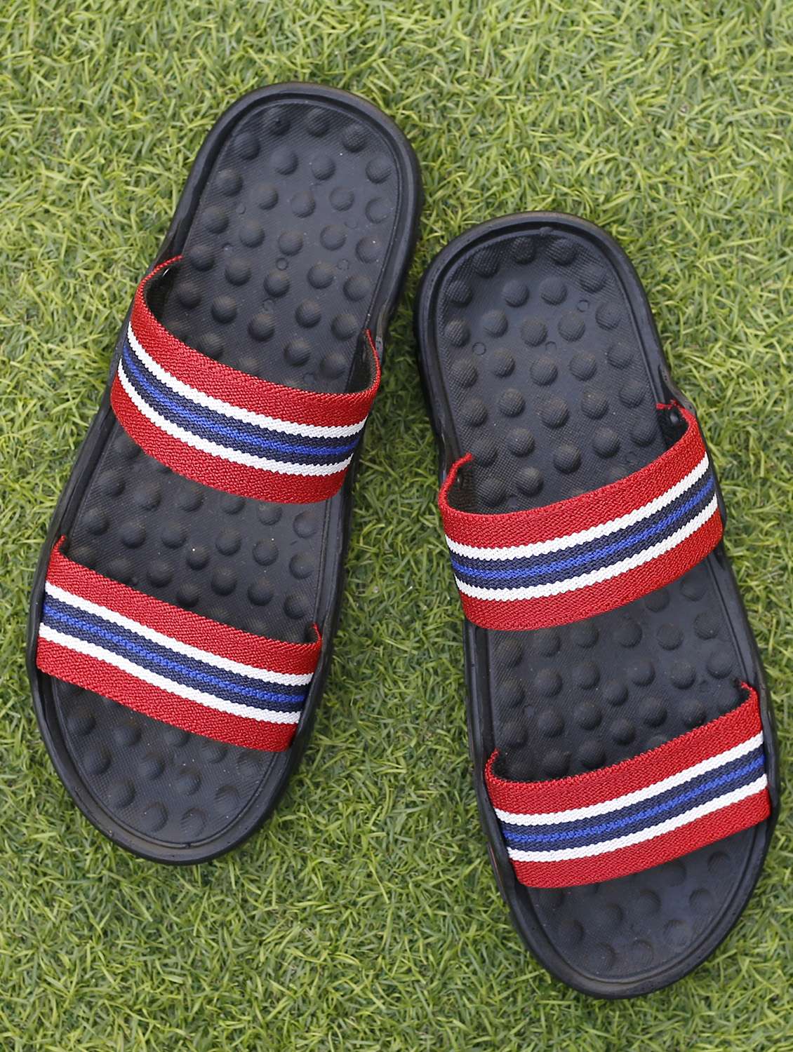 red faux leather slip on flip flops - 18413126 - Standard Image - 1