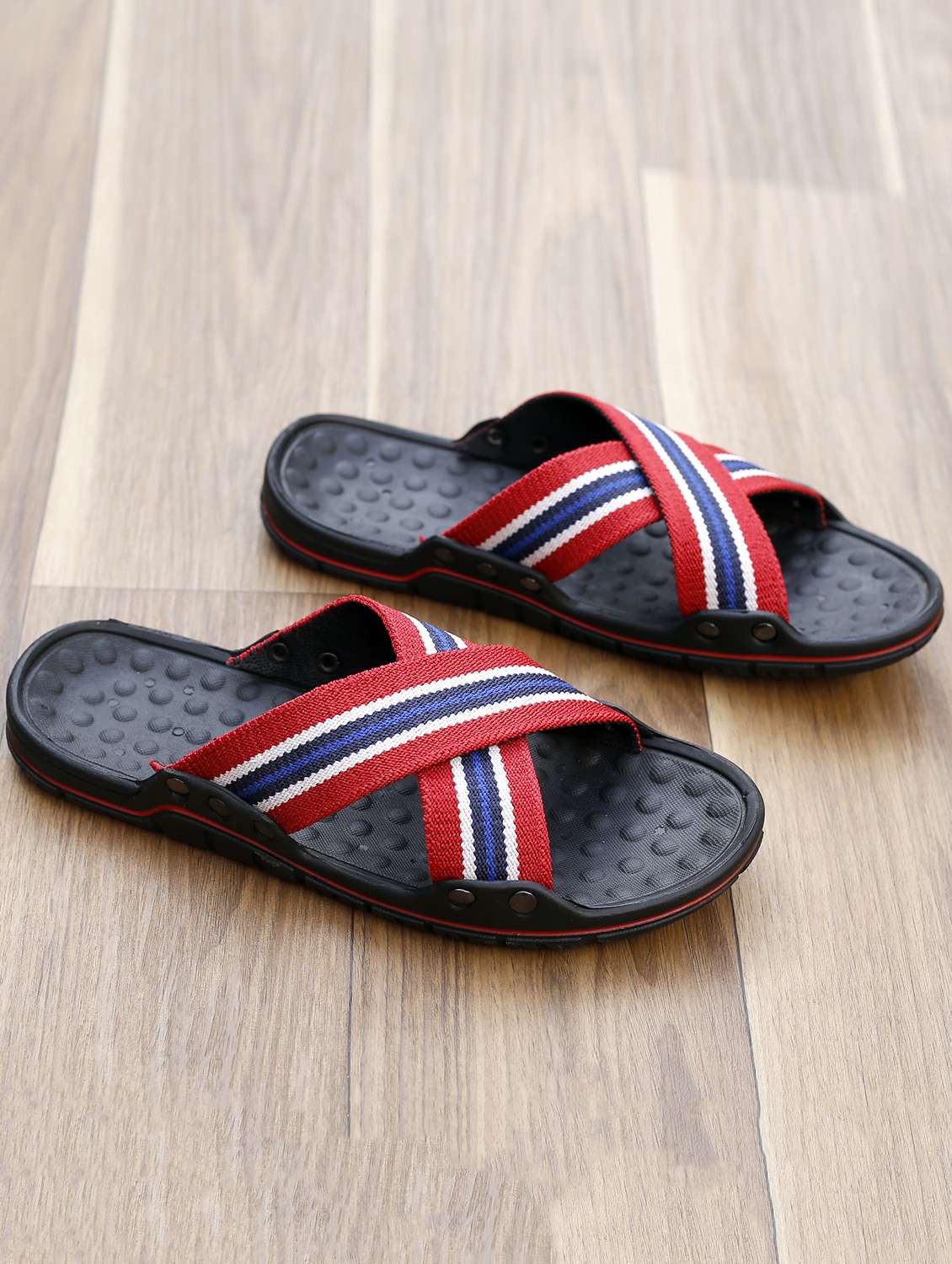 red faux leather slip on flip flops - 18413130 - Standard Image - 1