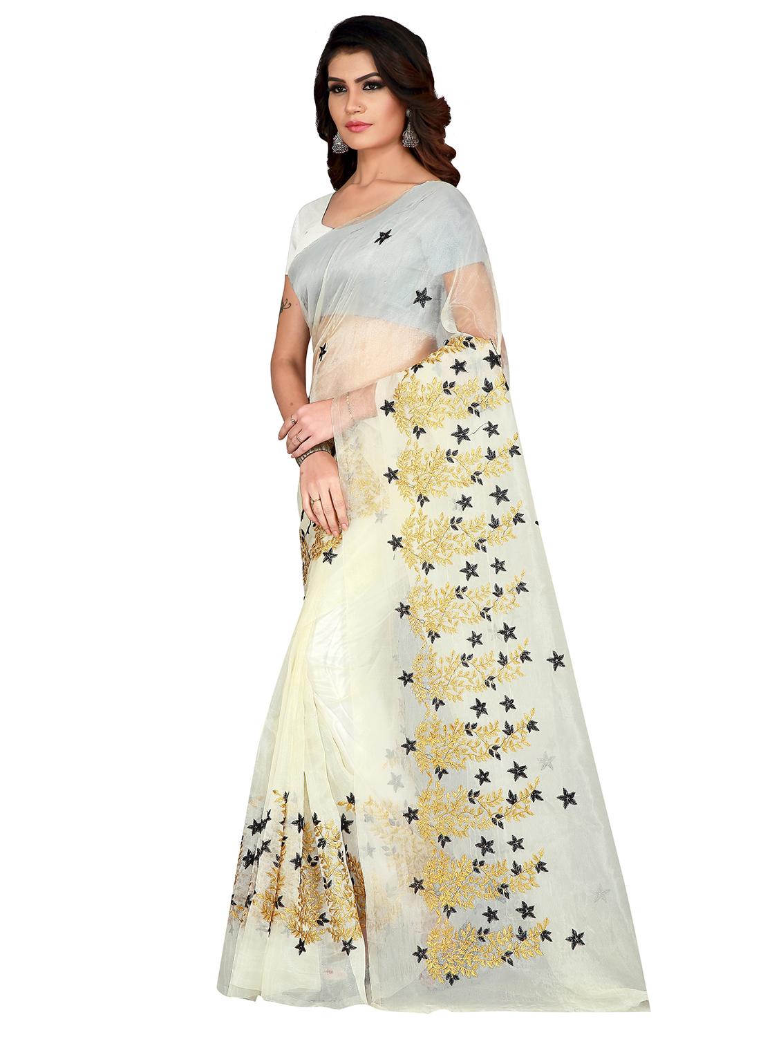 off-white embroidered saree with blouse - 18413219 - Standard Image - 1