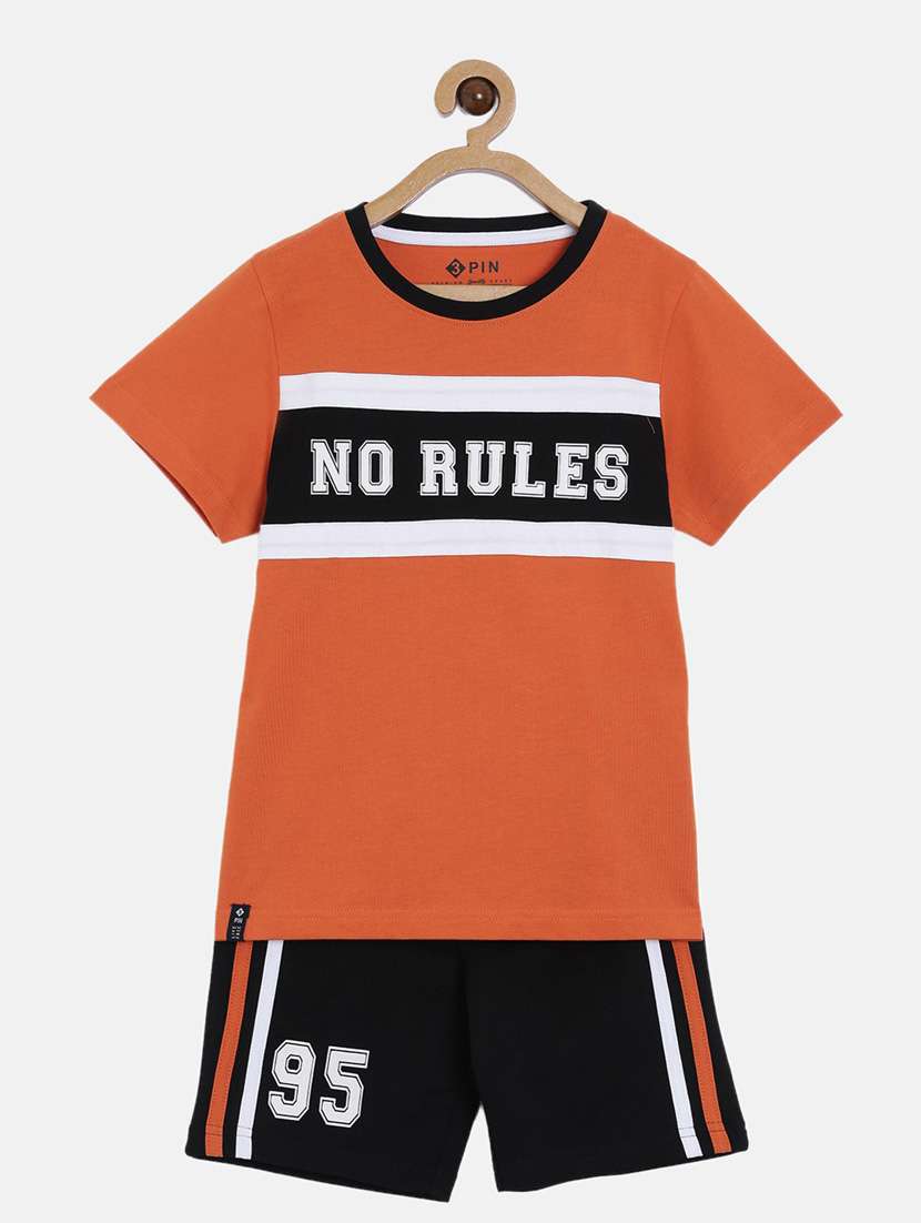 boys round neck typographic printed shorts set 