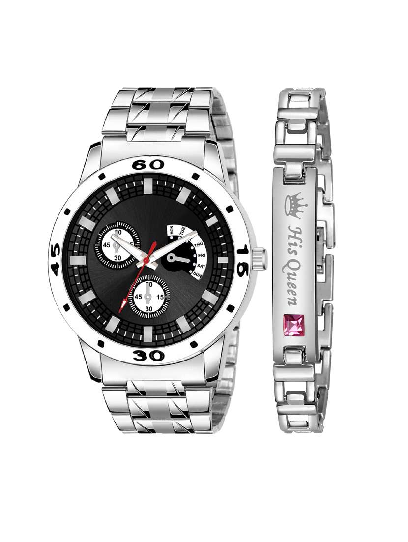 kajaru jew_61_k_54 stylish dial- stainless steel strap watch & silver bracelet combo set for men