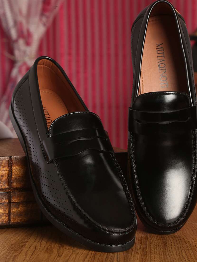 black leather slip on loafers