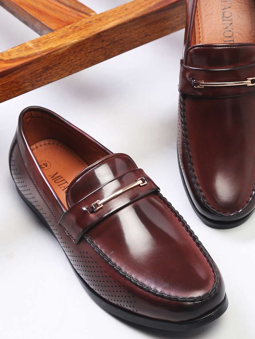 red leather slip on loafers