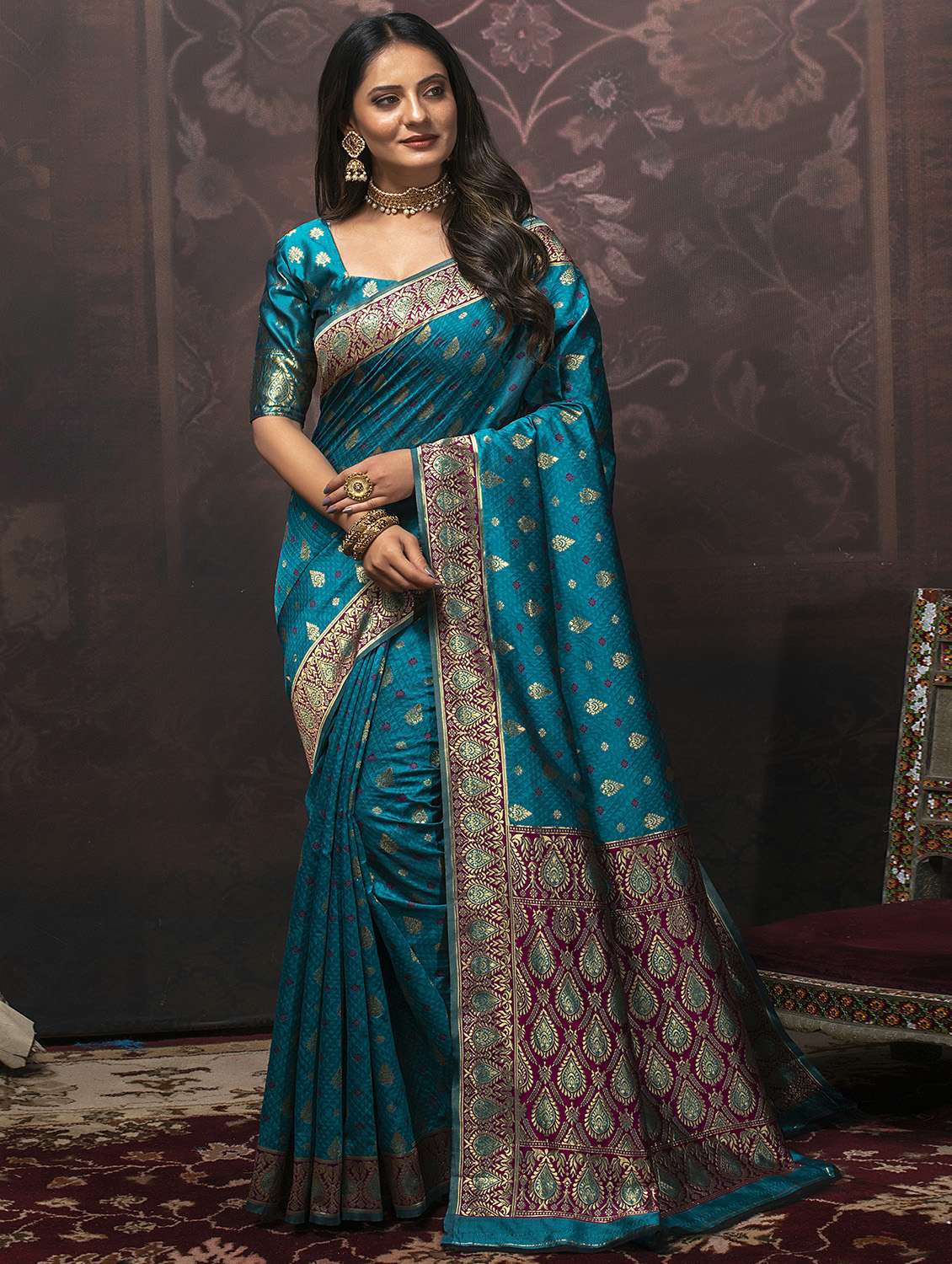 blue silk banarasi saree with blouse