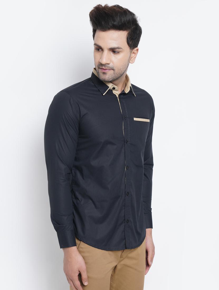 dark blue solid casual shirt - 18416326 - Standard Image - 1