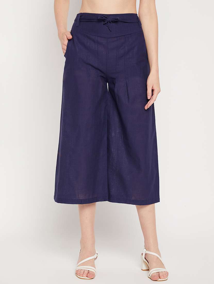 navy blue mid rise solid wide leg trouser