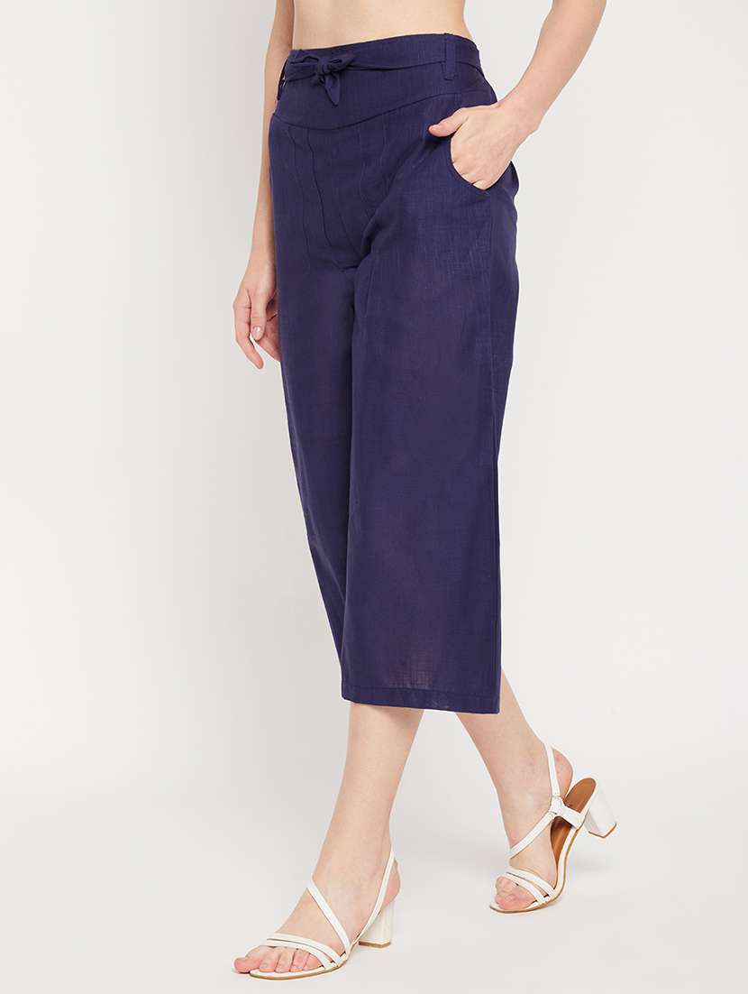 navy blue mid rise solid wide leg trouser - 18416446 -  Standard Image - 1
