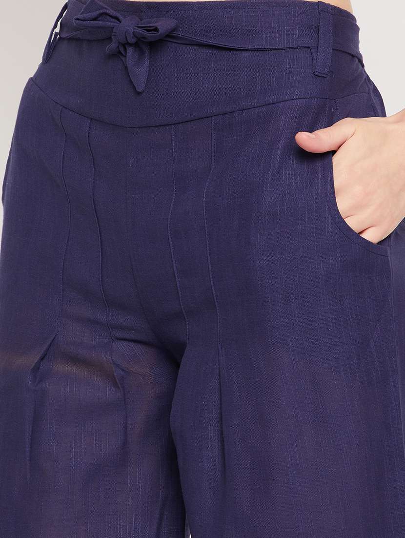 navy blue mid rise solid wide leg trouser - 18416446 -  Standard Image - 4