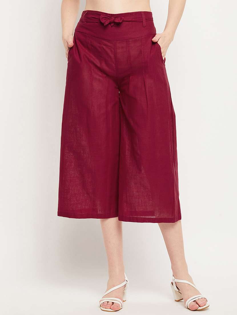 maroon mid rise solid culottes trouser