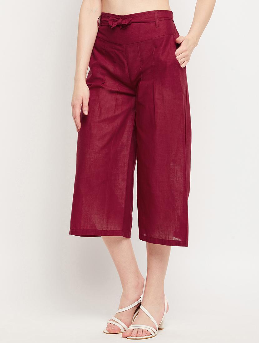maroon mid rise solid culottes trouser - 18416447 - Standard Image - 1