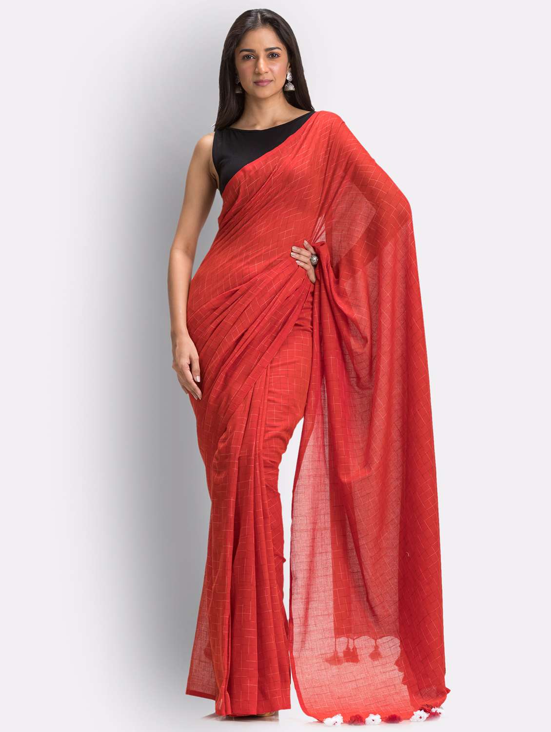 women's self design red colored saree with blouse