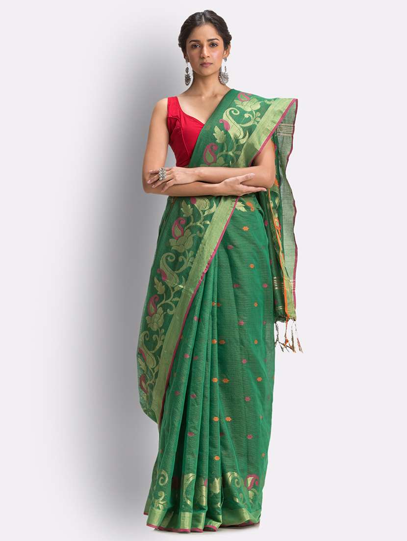 women's self design green colored saree with blouse