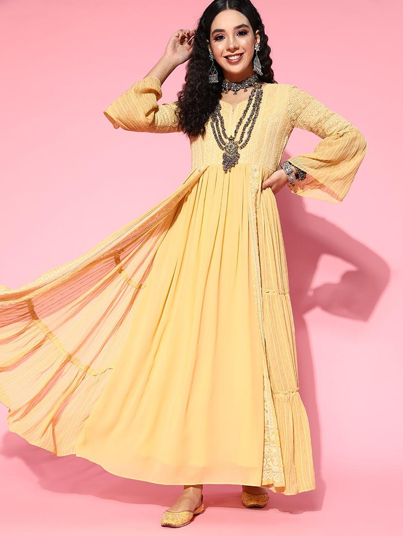 yellow embroidered layered ethnic dress