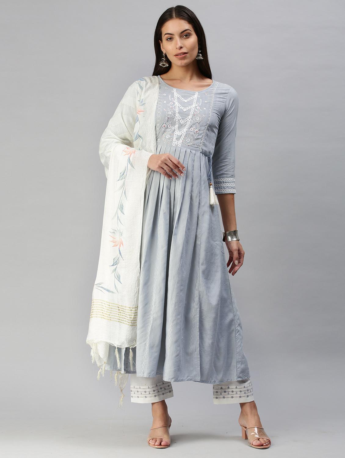 grey cotton blend kurta pant  set