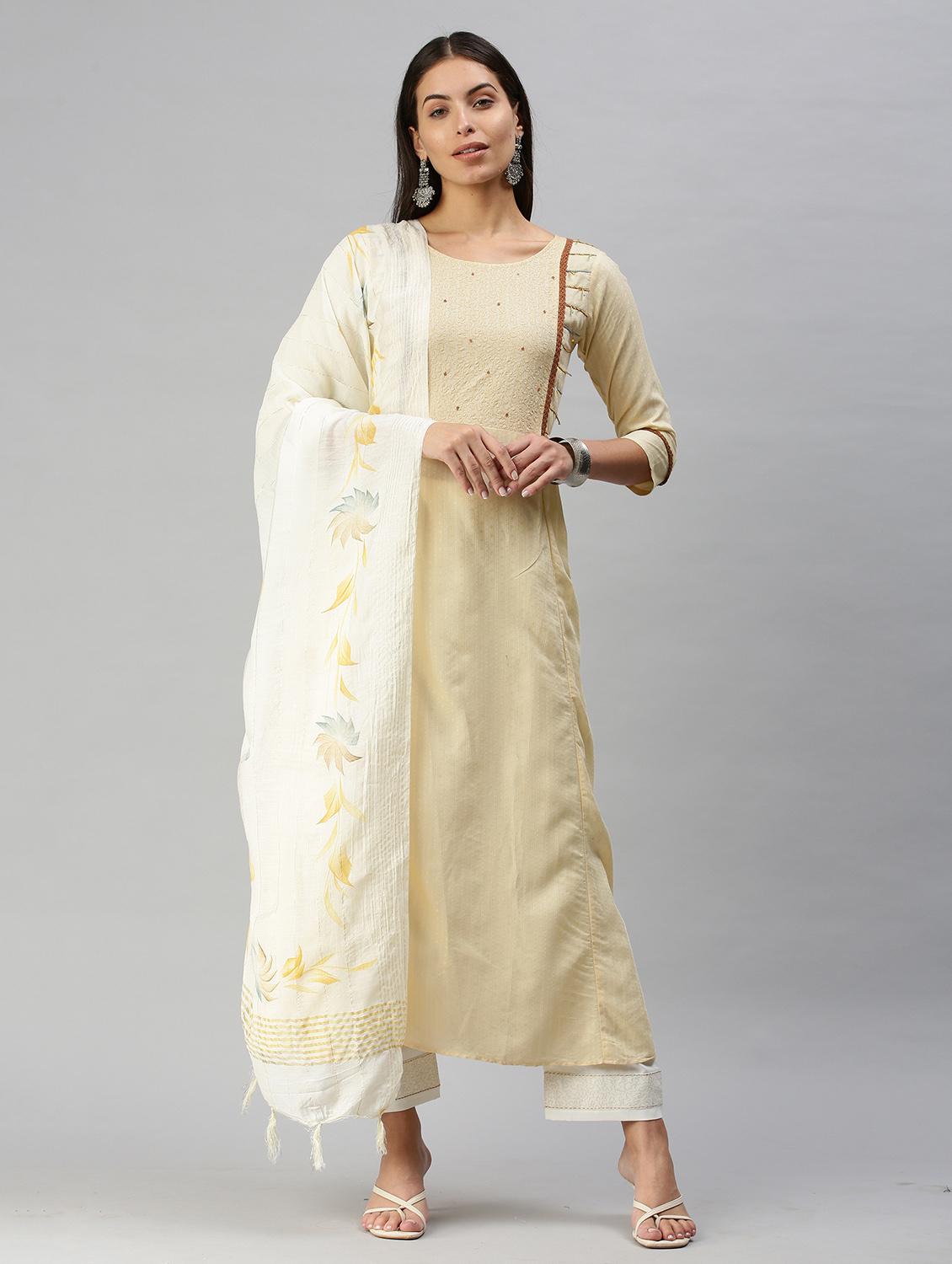 cream cotton blend kurta pant  set