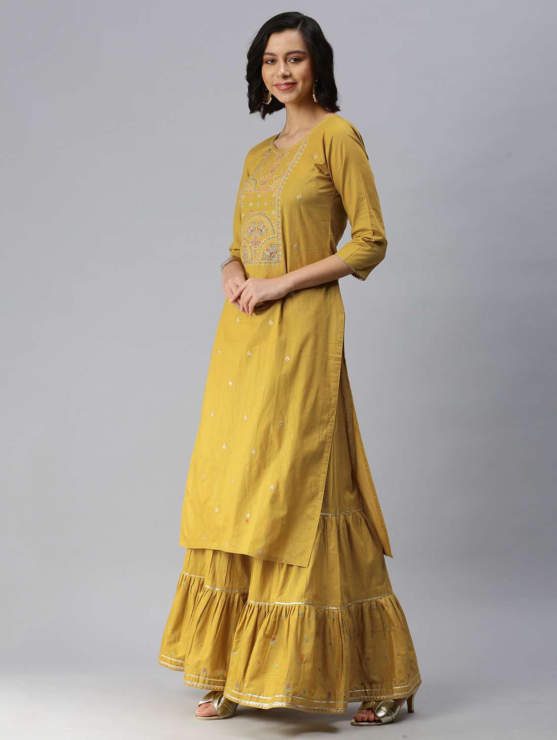 yellow cotton blend kurta sharara set - 18418178 - Standard Image - 1