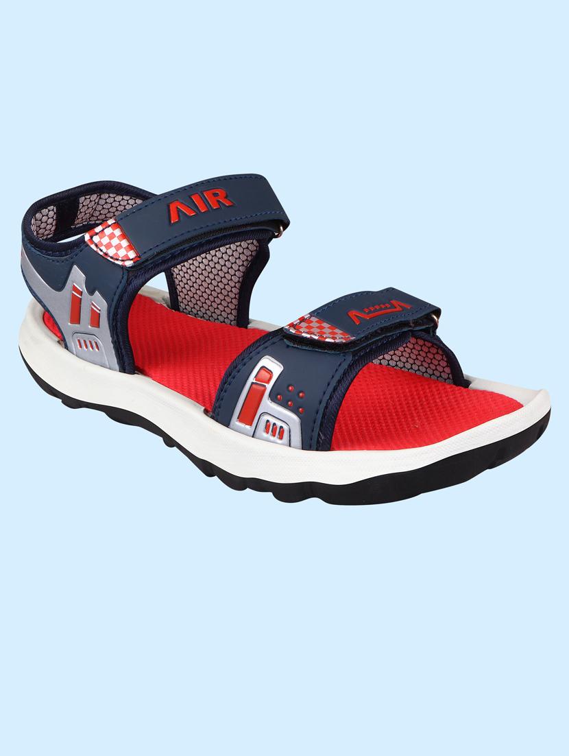 red synthetic & mesh back strap sandals
