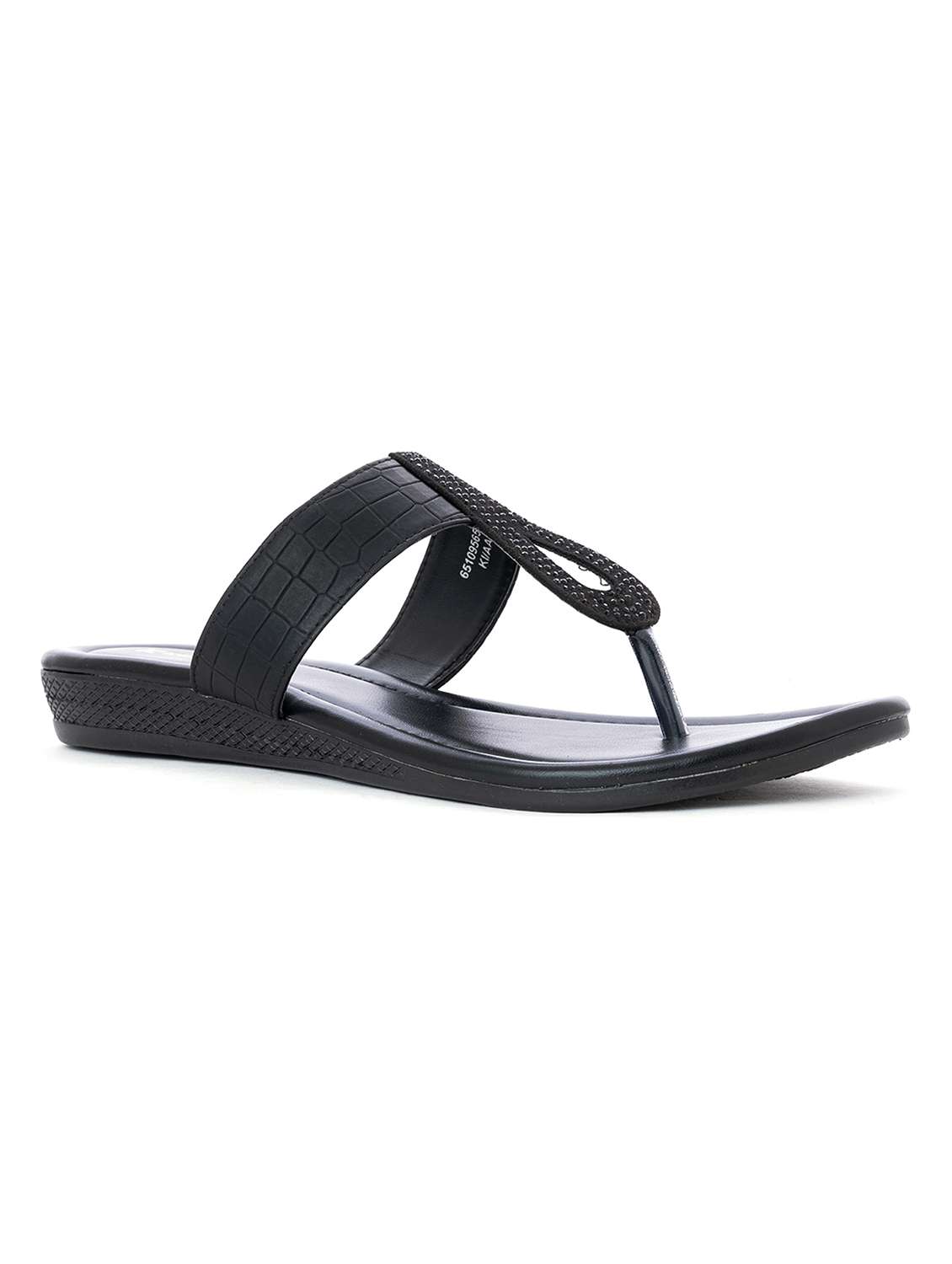 black synthetic slip on sandals