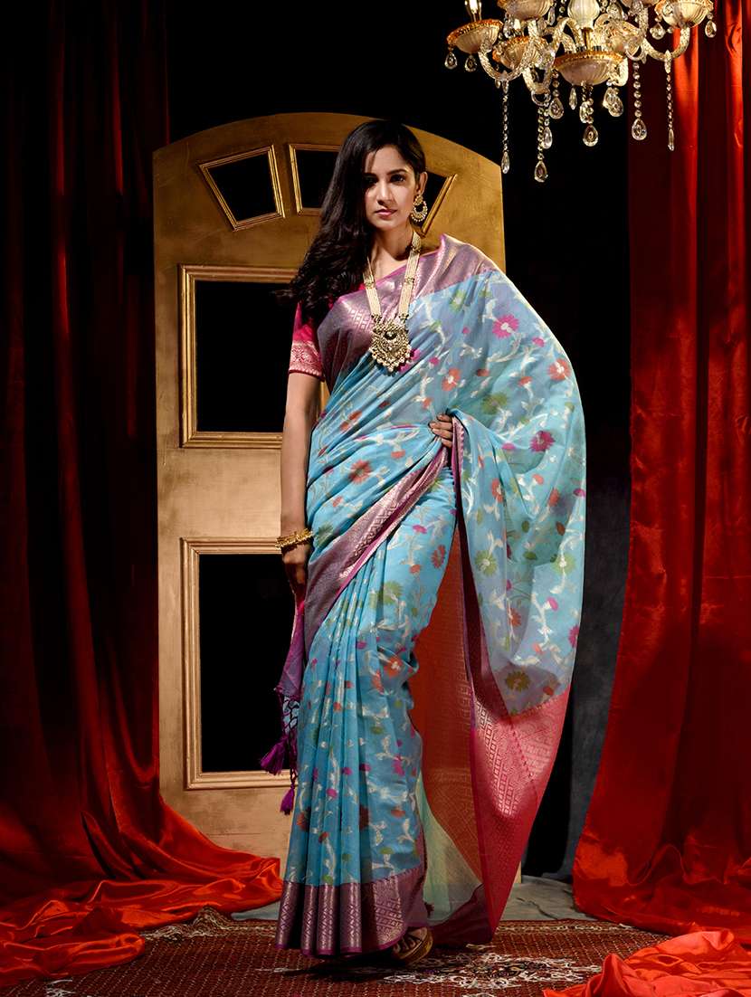 women's floral blue colored saree