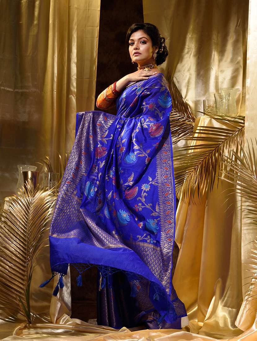 blue silk blend printed saree