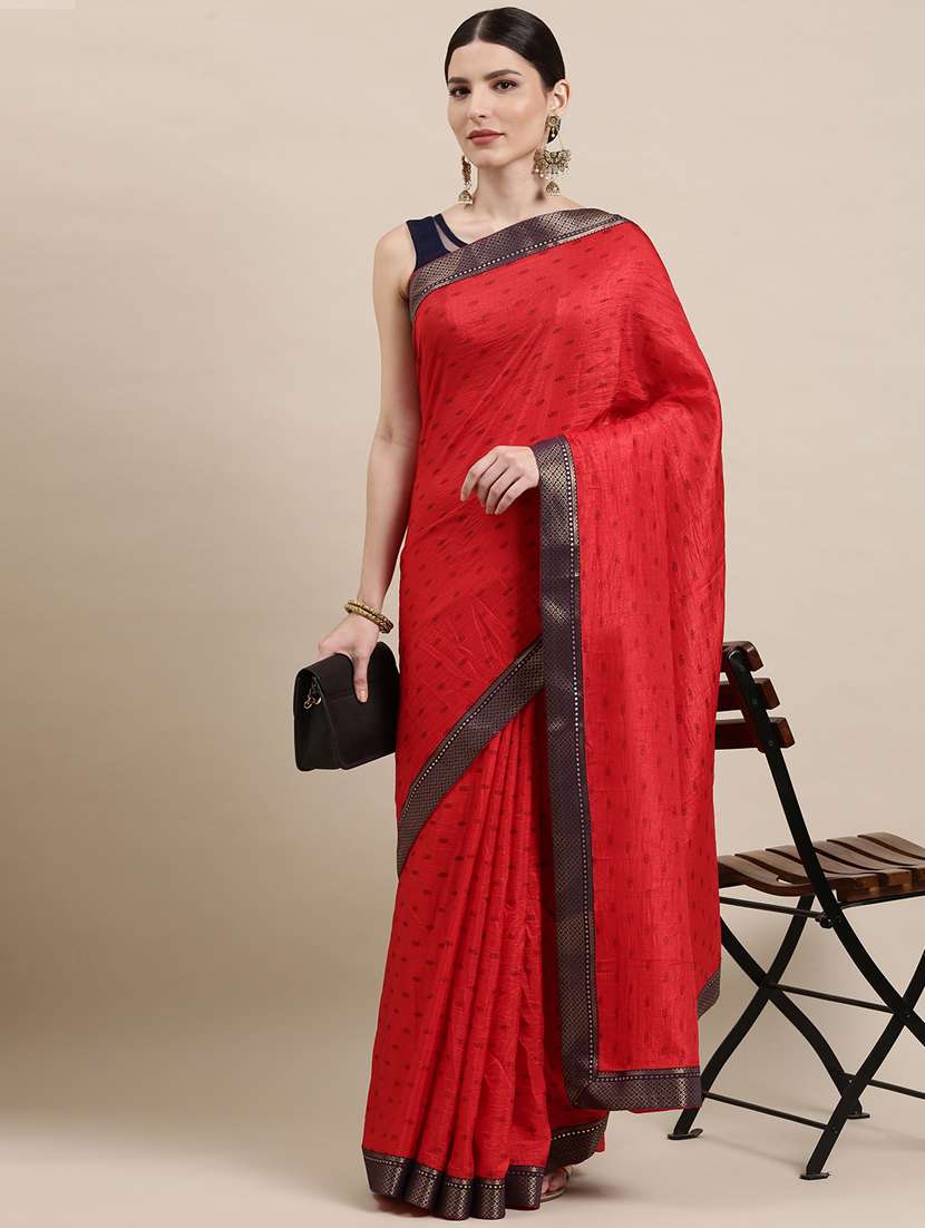 women's self design red colored saree with blouse