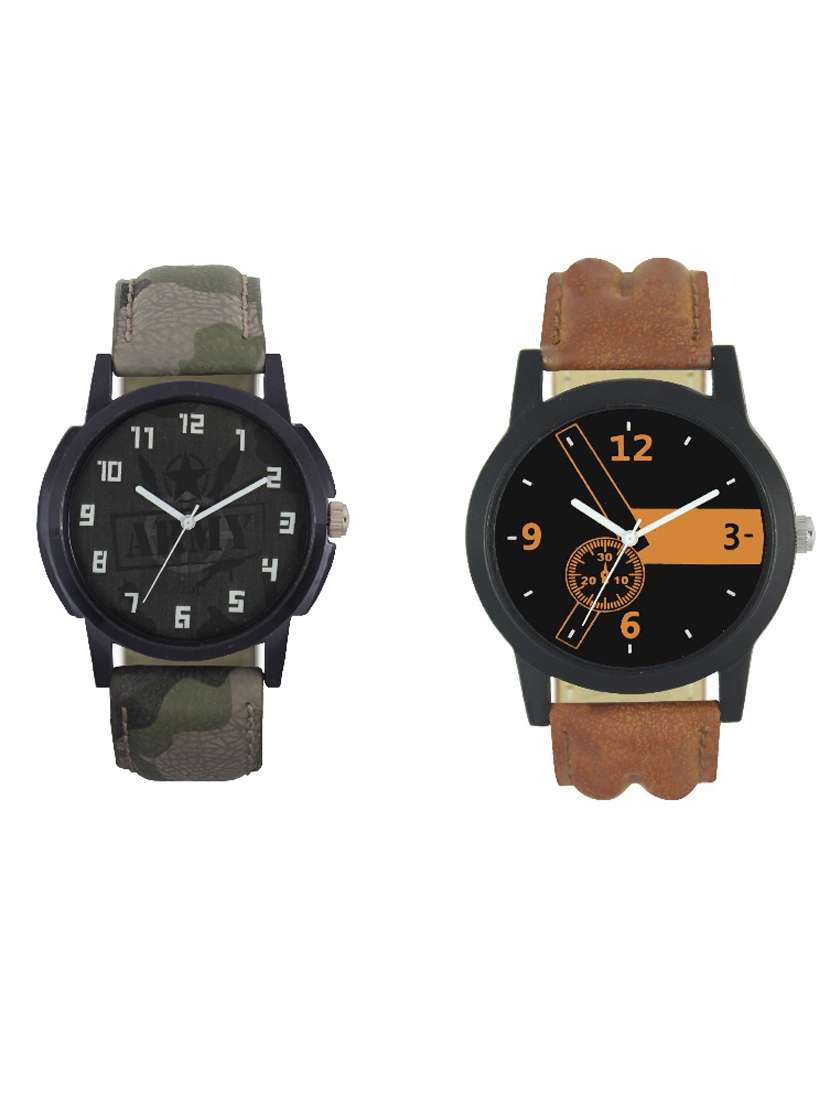 brown and army belt men's analog watch pack of -2