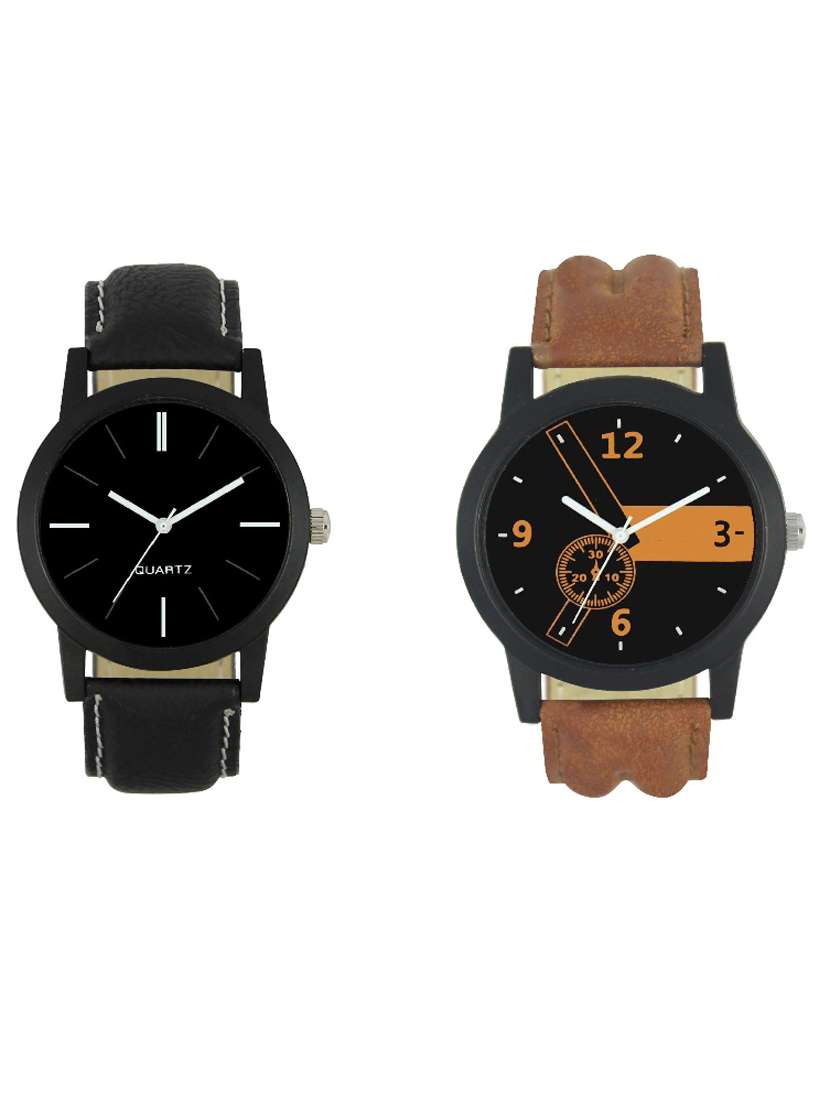 brown and black color men's analog watch pack of -2