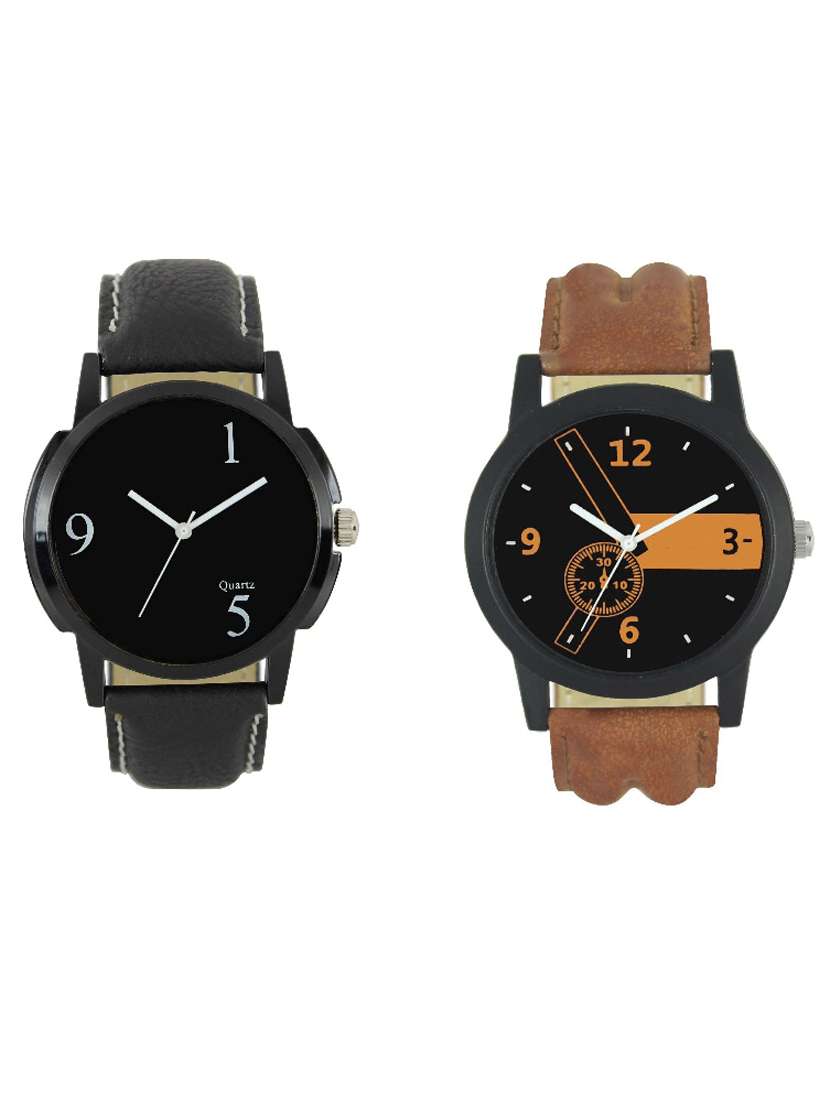 brown and black color men's analog watch pack of -2