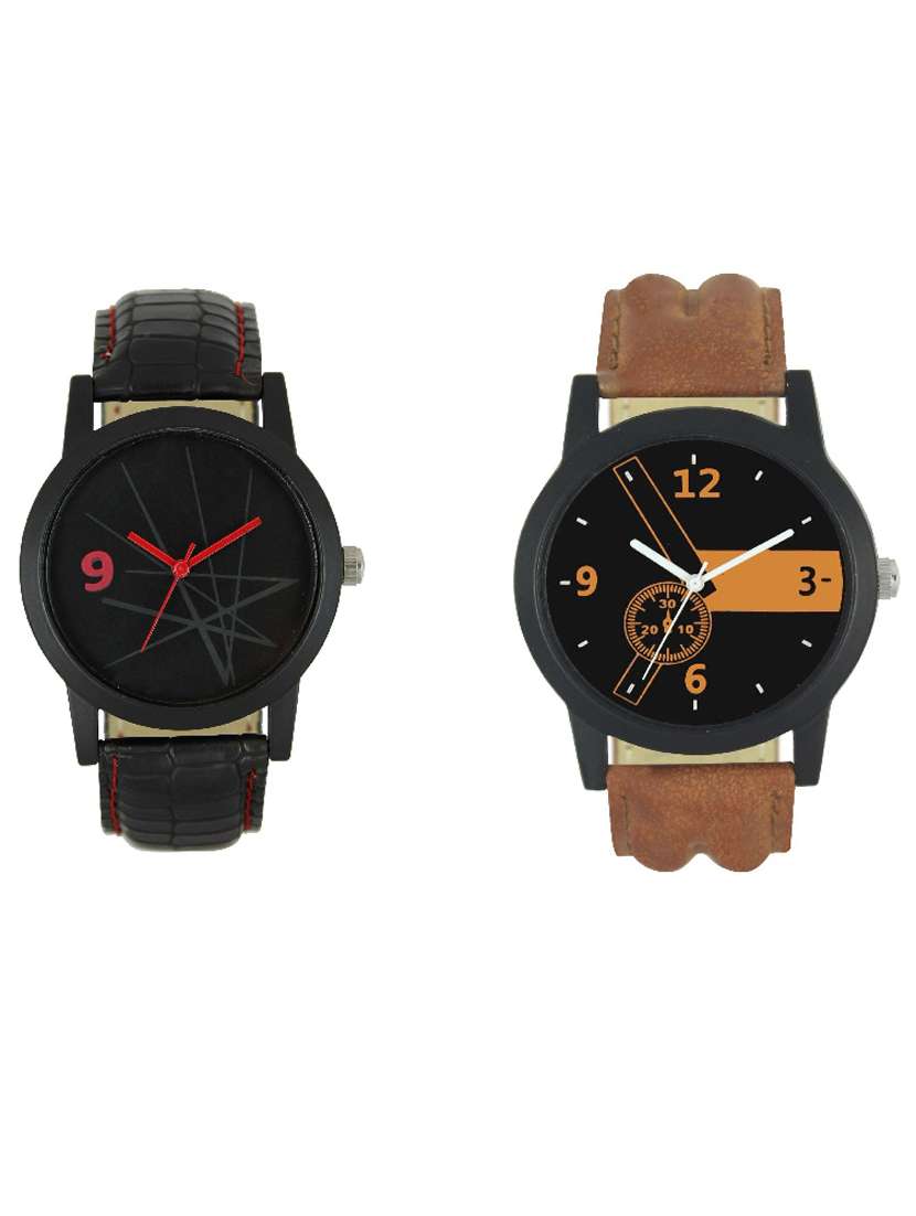 brown and black color men's analog watch pack of -2
