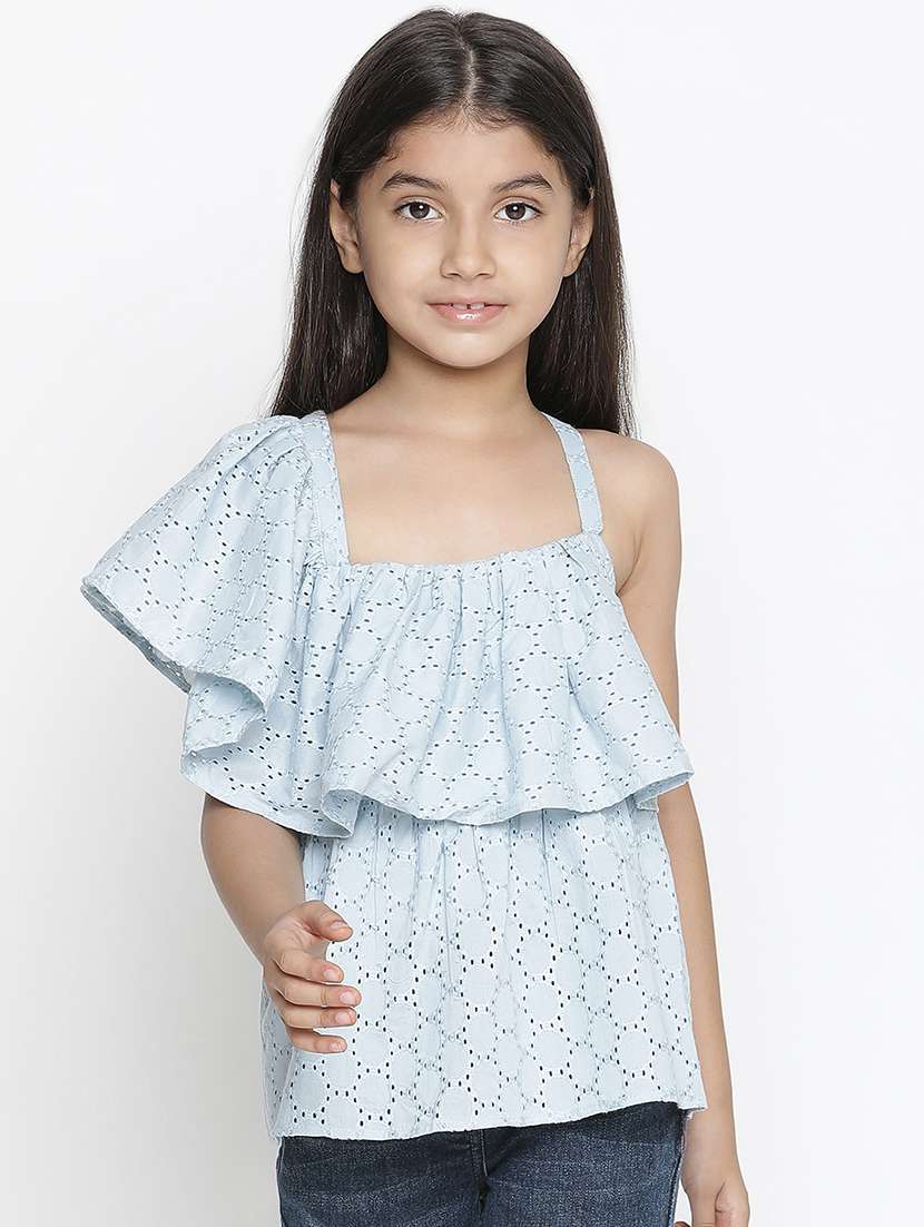 blue solid ruffled top