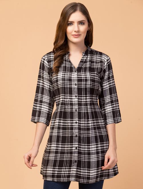 mandarin neck checkered tunic - 18421023 -  Standard Image - 0