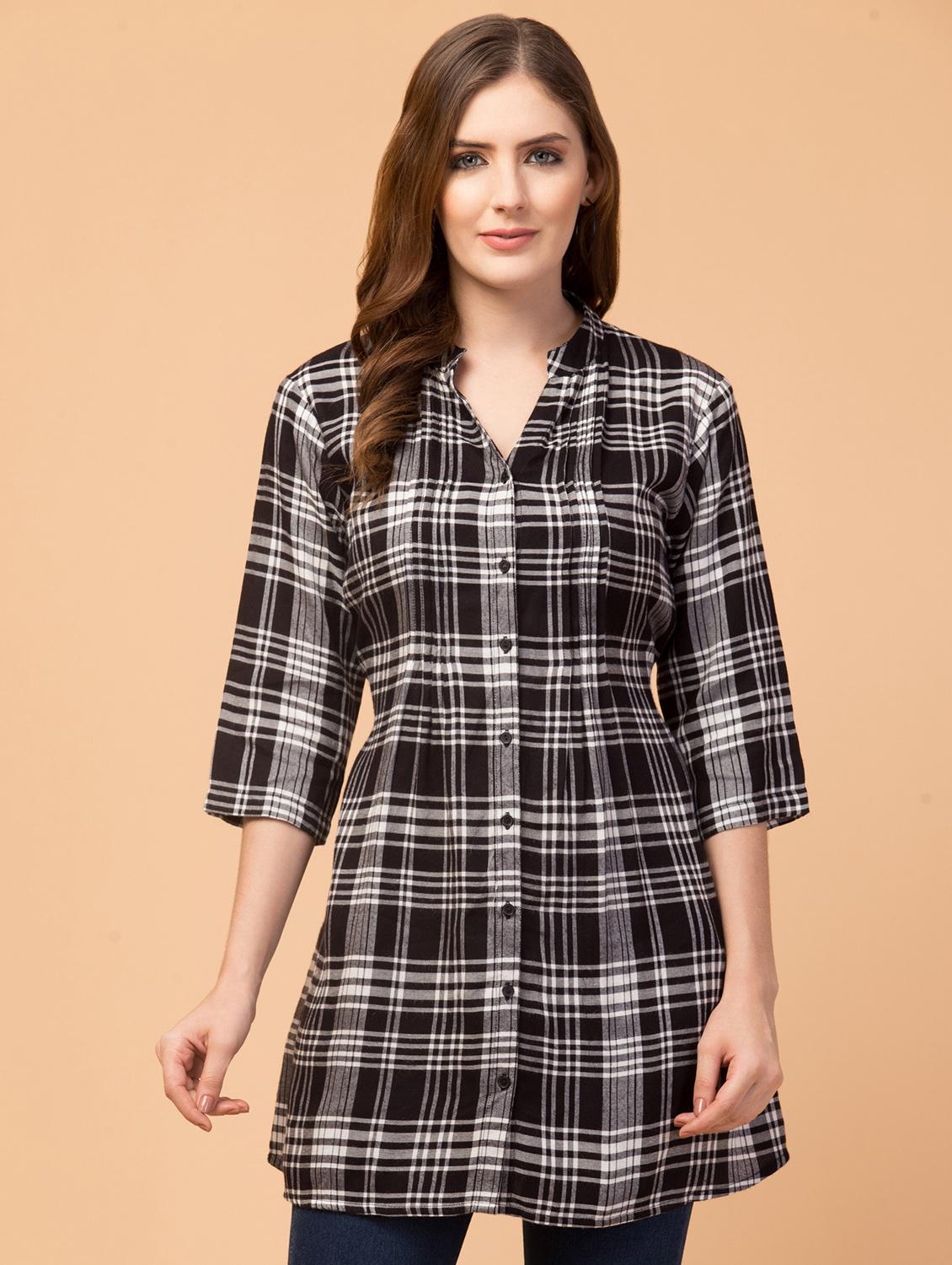 mandarin neck checkered tunic - 18421023 -  Zoom Image - 0