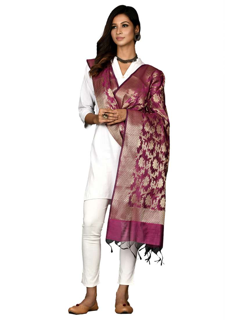purple floral print banarasi dupatta - 18421157 -  Standard Image - 1
