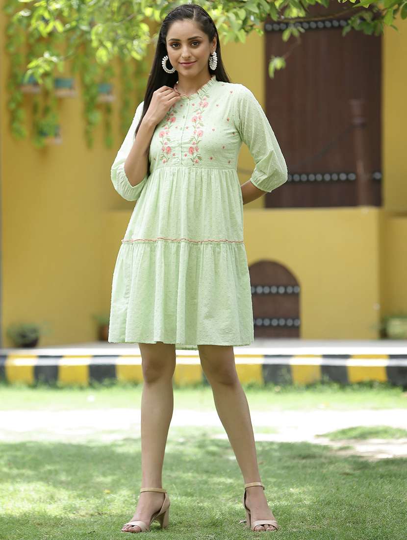 green cotton tiered ethnic dress