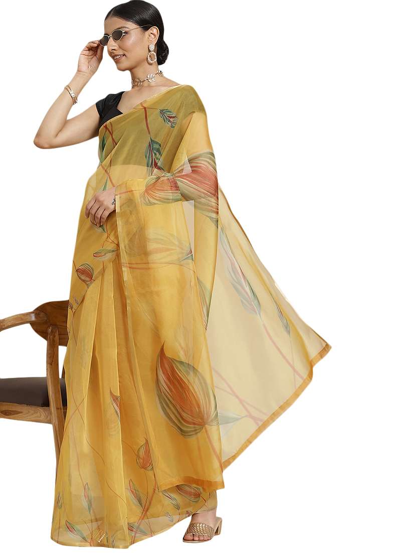 mustard organza printed saree with blouse