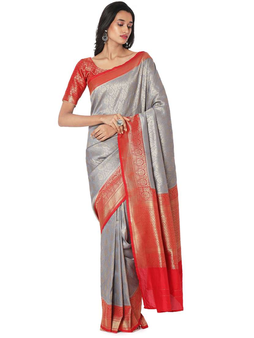 grey cotton blend printed saree with blouse