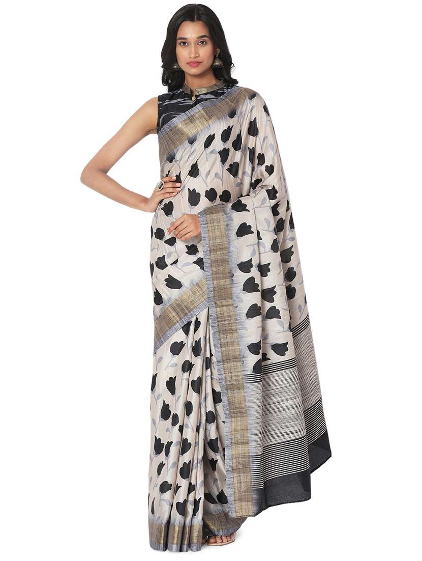 beige art silk printed saree with blouse
