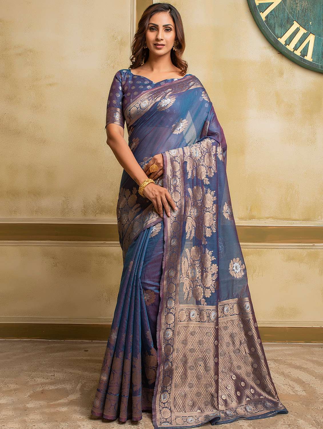 blue cotton blend woven saree with blouse