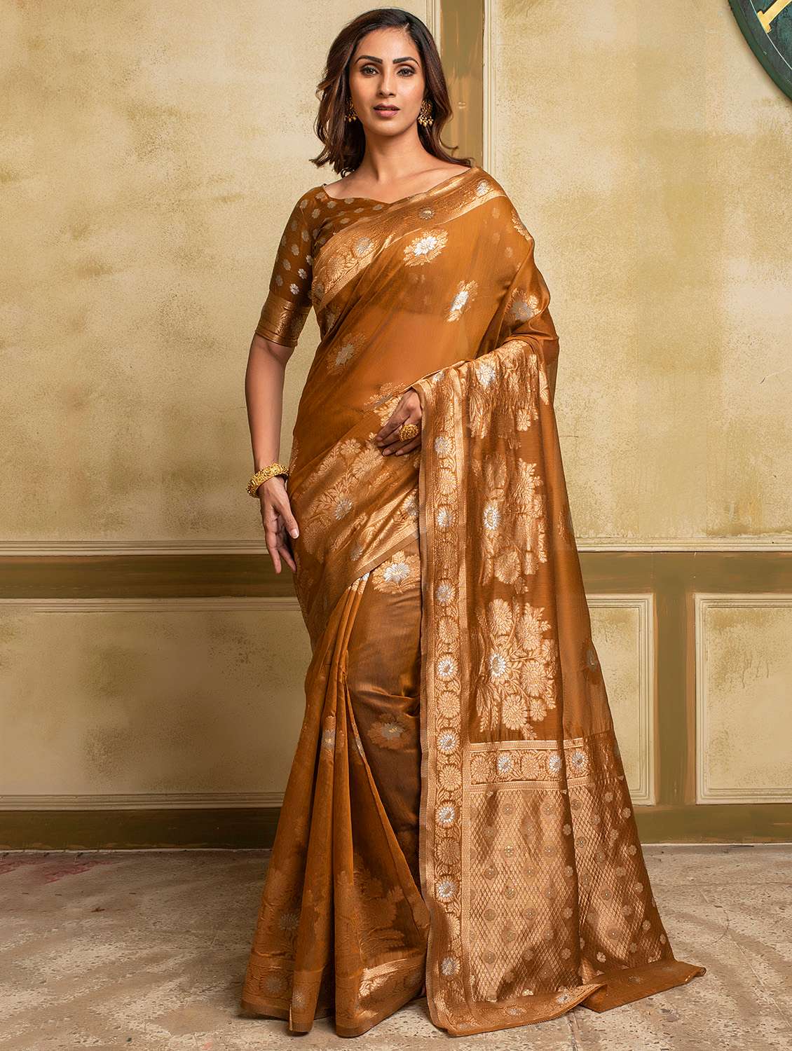 mustard cotton blend woven saree with blouse