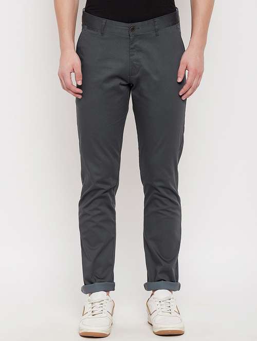 grey solid flat front casual trouser - 18422187 -  Standard Image - 0