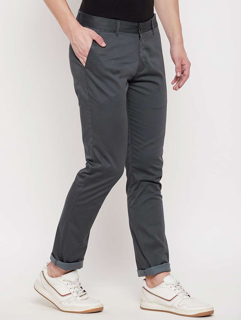 grey solid flat front casual trouser - 18422187 -  Standard Image - 1