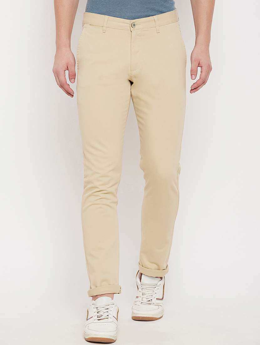 beige solid flat front casual trouser