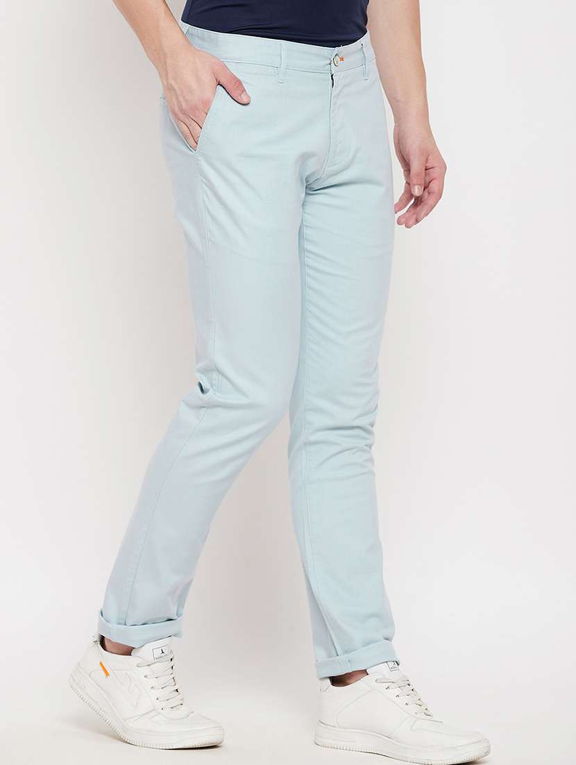 light blue solid flat front casual trouser - 18422192 -  Standard Image - 1
