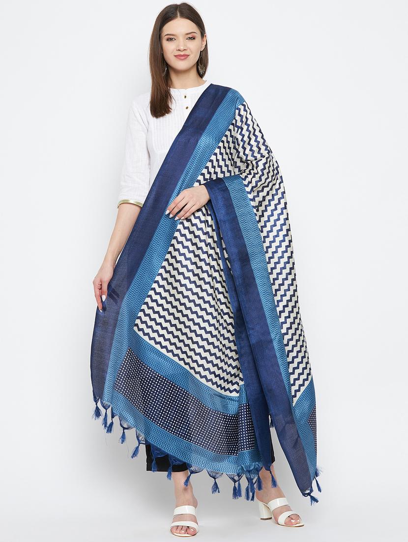 white chevron print dupatta with fringes - 18423797 -  Standard Image - 1