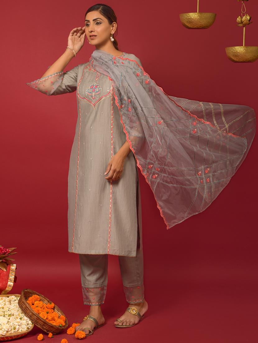 grey art silk kurta pant  set - 18423883 -  Standard Image - 1