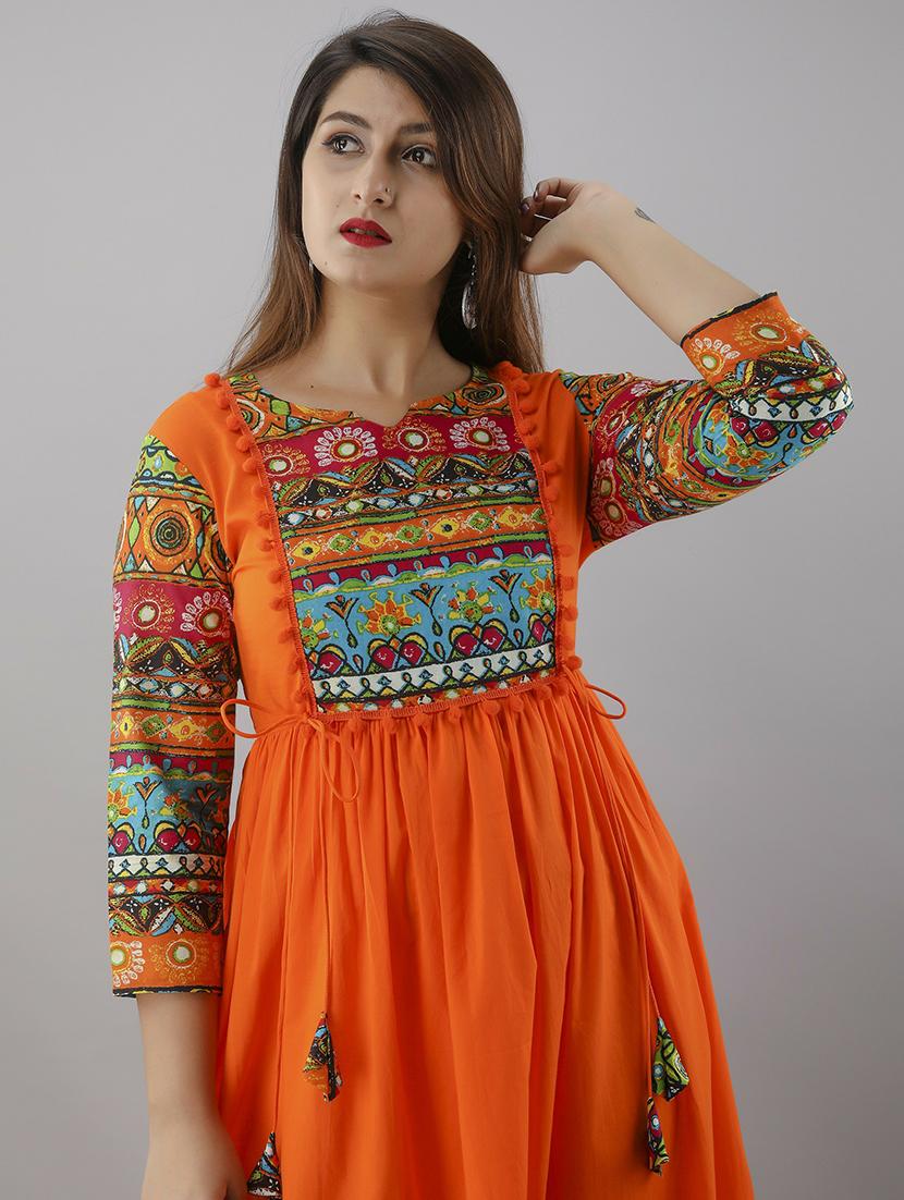 orange printed a-line ethnic dress - 18424165 - Standard Image - 4