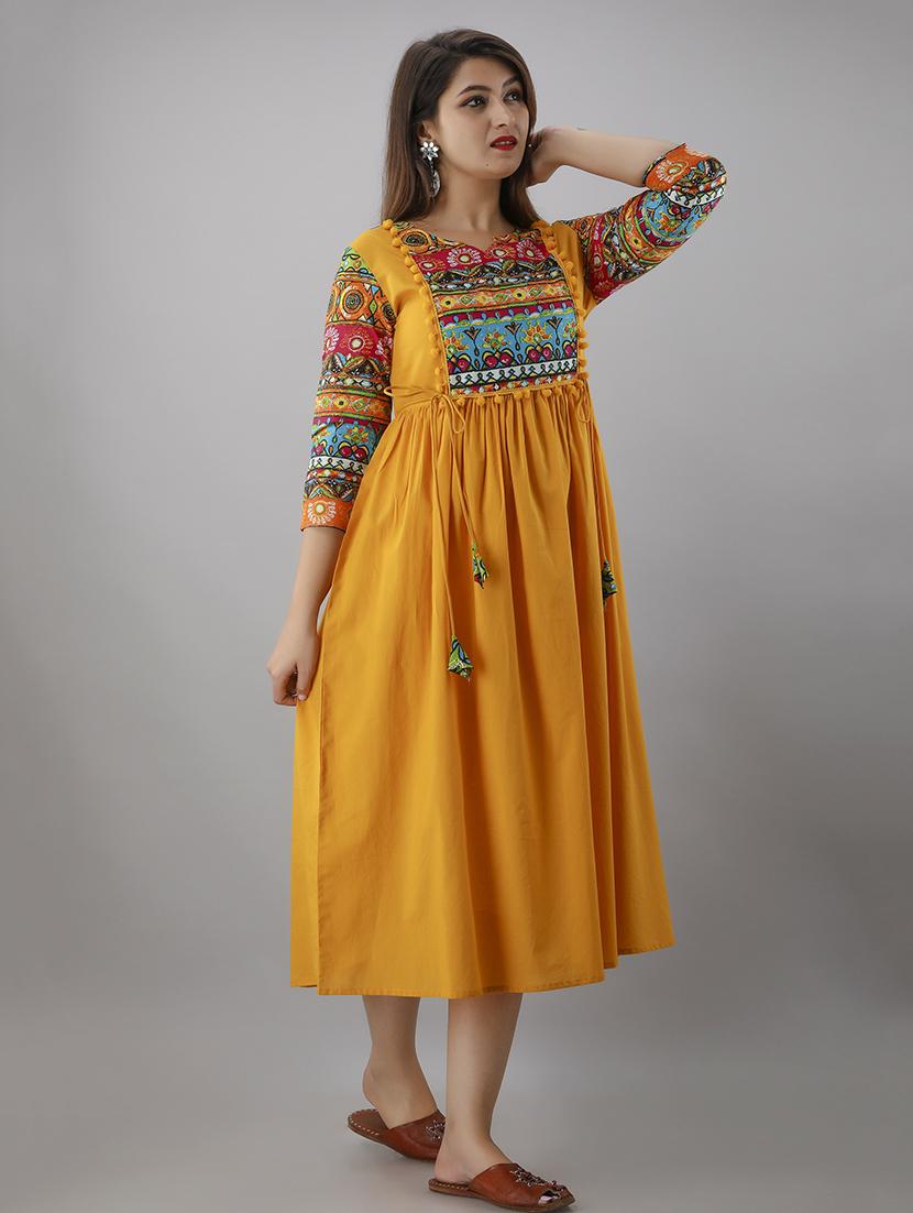 yellow printed a-line ethnic dress - 18424167 - Standard Image - 1