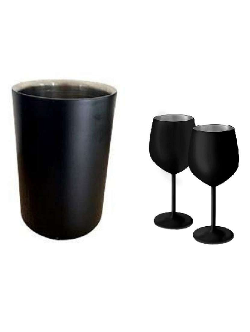 dynore stainless steel black matte wine cooler with 2 goblet glass- set of 3 3 - piece bar set (steel)