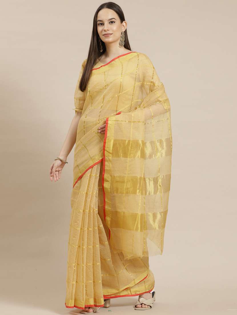 women's checks beige colored saree with blouse