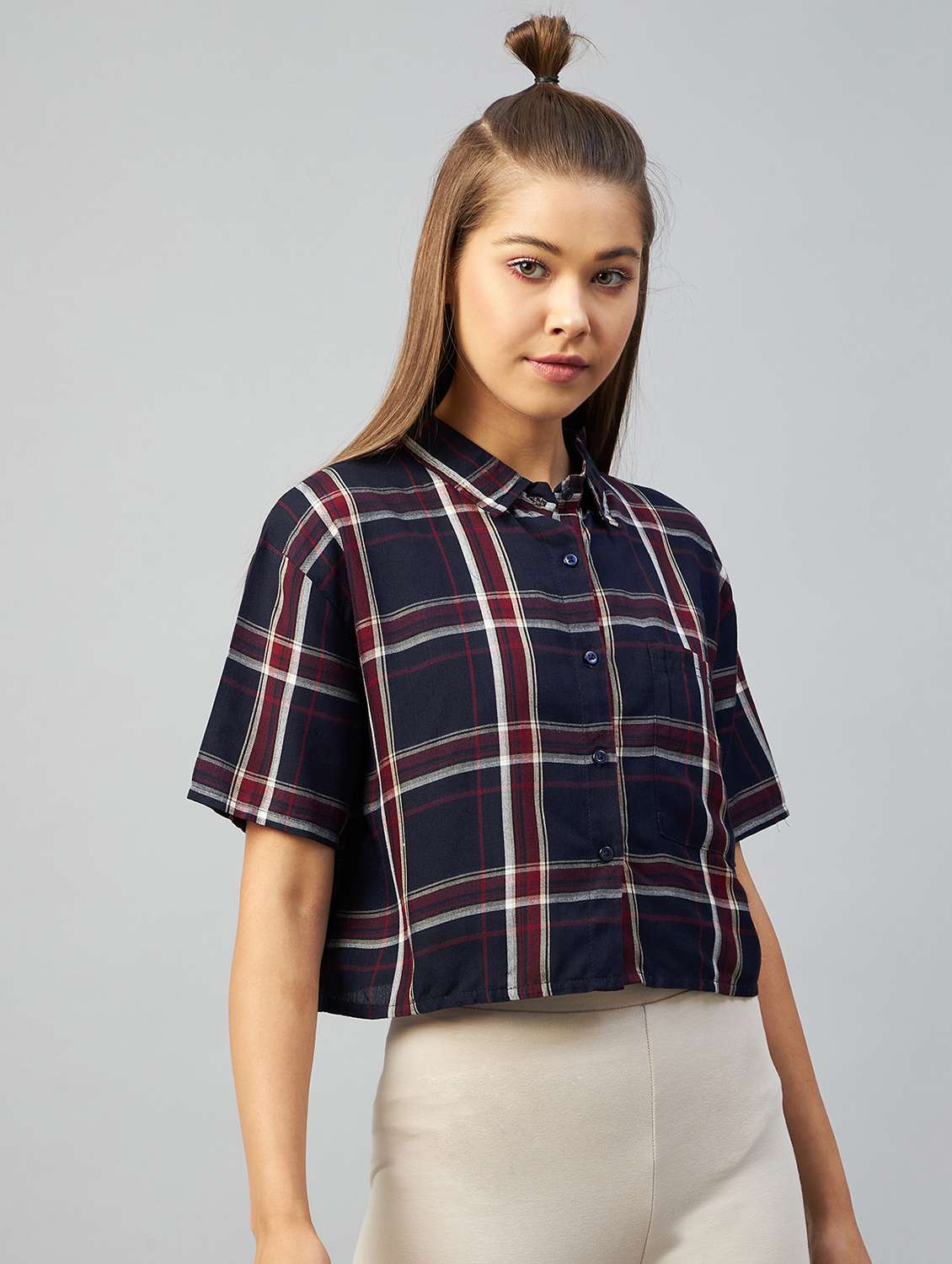straight hem checkered crop shirt